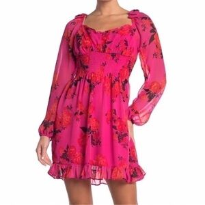 Betsey Johnson “Blooming Roses” Pink Smocked Waist Long Sleeve Dress. Size 10.